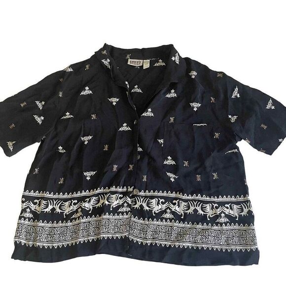 Vintage Chico's 100% Rayon‎ Black Patterned Blouse Shirt Size 2 (Large) - Picture 1 of 6